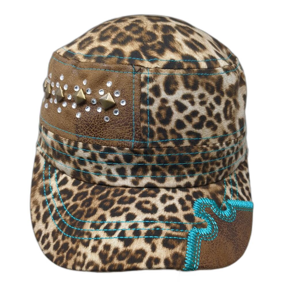 Way West Army Cap Brown One Size Leopard Print Stud Rhinestone Contrast Hat